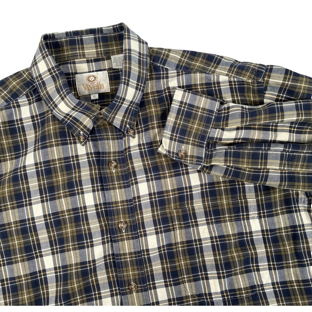 Mens Viyella Long Sleeve Button Down Cotton Wool Blend Shirt Size XL Green Plaid
